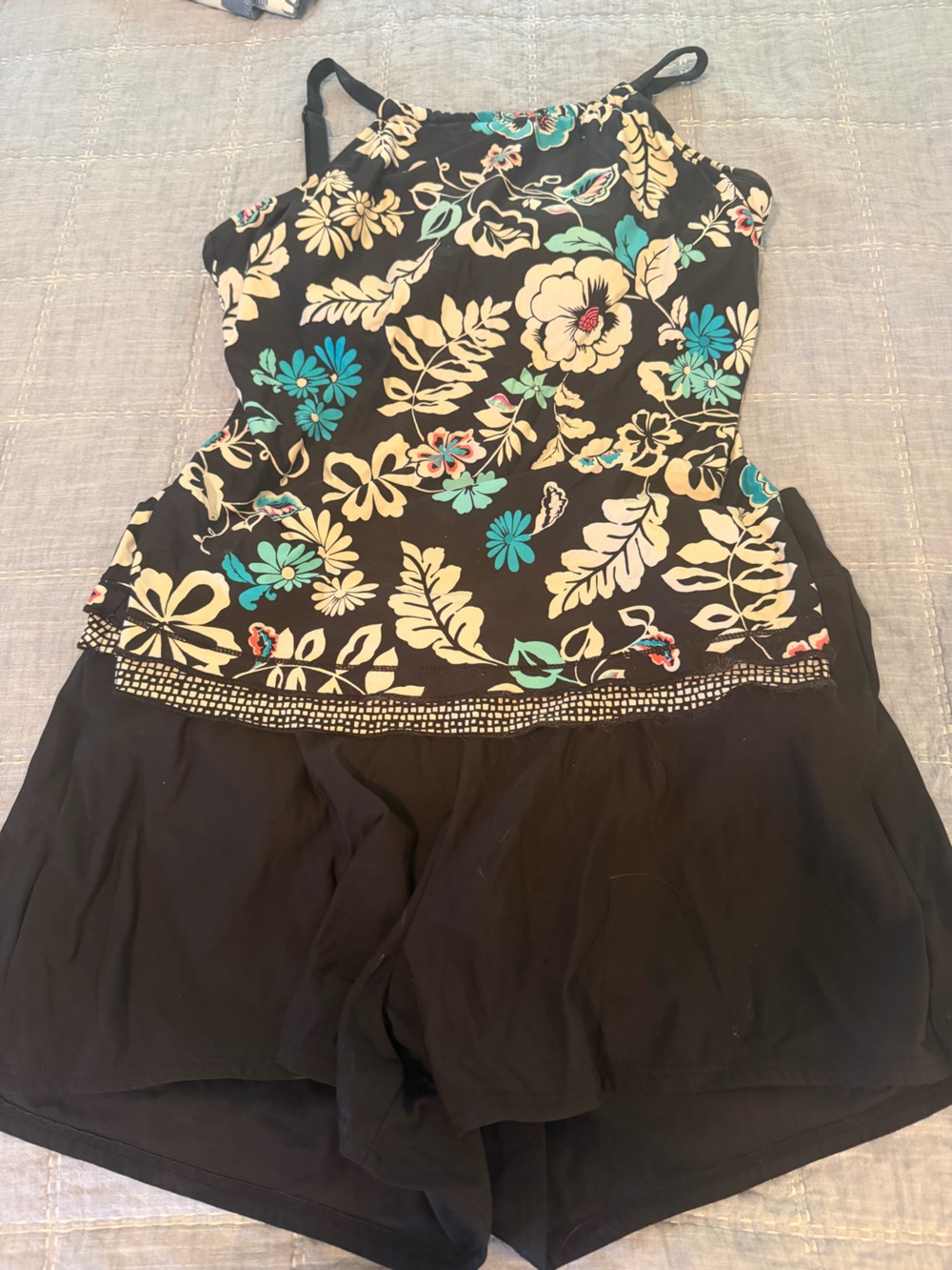 24th & Ocean Black Strapless Dress with Teal and Cream Floral Accents